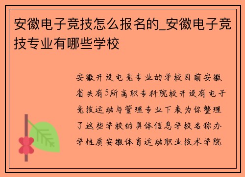 安徽电子竞技怎么报名的_安徽电子竞技专业有哪些学校